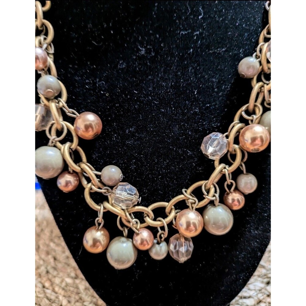 Bronze Tone Charm Necklace Brown Beads Crystal Dangles Statement Necklace #1109